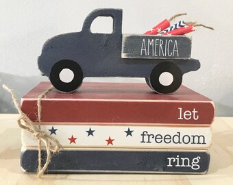 4th of July book stack and truck for holiday tiered tray decor, Patriotic home decor