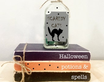 Halloween tiered tray, Halloween decor, Potions and spells, Mini book bundle, Book stack,  Faux books,  Scaredy cats potion, Party decor