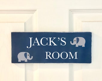 Personalized boy's room wood door sign, Elephant nursery door hanger, Wooden nursery decor, Safari Jungle theme