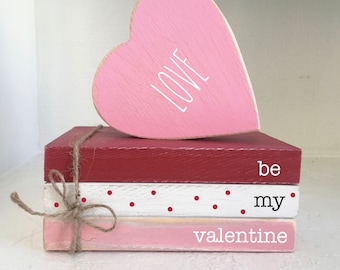 Valentine's Tiered Tray Decor: Faux Book Stack with Wooden Heart