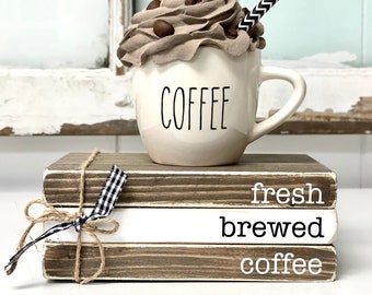 Coffee tiered tray decor, Coffee mug with faux whipped cream with coffee book stack