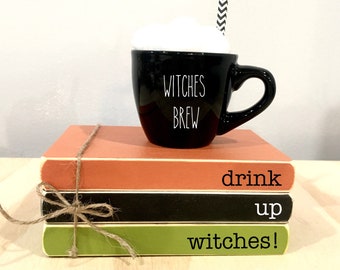 Halloween decor, Tiered tray, Mini book bundle,  Book stack, Witches brew,  Faux books, Drink up witches, Hostess gift, Party, wooden books