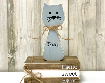 Personalized wooden cat for home decor tiered tray, wood book stack home sweet home