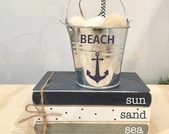 Beach tiered tray, Lake house decor, Tiered tray, Galvanized bucket, Anchor, Mini book stack, Cottage, Summer tiered tray, Nautical decor