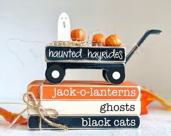 Halloween tiered tray, Haunted hayrides wooden wagon