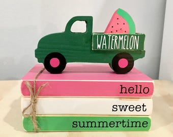 Rustic Watermelon Truck & Mini Book Stack: Summer Tiered Tray Decor