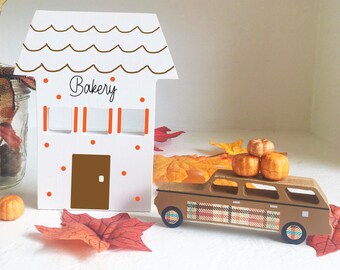 Fall decor, Wooden bakery, Station wagon, Tiered tray sign, Fall village, Pumpkins, Old car, Rustic fall, Farmhouse decor, Wood house