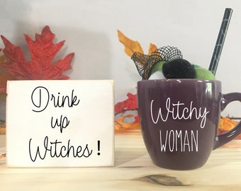 Halloween decor, Tiered tray, Mini mug, Witchy woman , Drink up witches, Wooden sign, Tiered tray decor