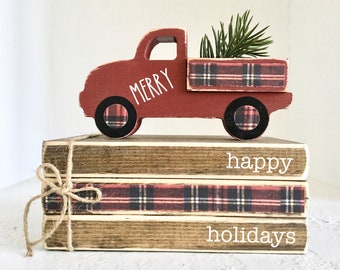 Plaid truck, Tiered tray decor, Mini book bundle, Book stack, red truck, Faux books, Farmhouse truck, Christmas gift, hostess gift, plaid