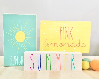 Summer sign bundle, Wooden signs, Tiered tray signs, Pink lemonade, Wooden blocks, Summer decor, Tiered tray, Kitchen decor, Sun