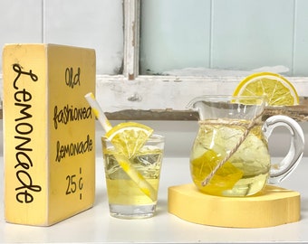 Lemonade pitcher and glass, Wooden lemon, Mini pitcher, Tiered tray, Faux glass of lemonade,  Summer, Lemon decor, Wooden book