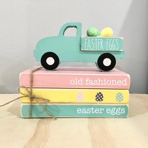 Easter tiered tray, Wooden books, Easter truck, mini book stack, Easter decor, farmhouse, faux books, Easter books, tiered tray decor