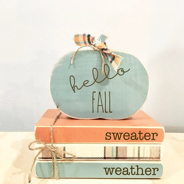 Fall tiered tray,  Fall decor, Sweater weather, Wooden books, Plaid, book bundle, Book stack, Wooden pumpkin, Tiered tray decor, Hello fall