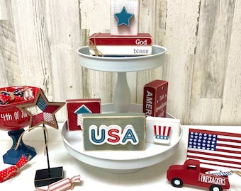 4th of July decor for tiered tray  home decor kitchen table centerpiece candy bowl wooden flag