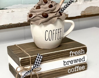 Coffee mug with faux whipped cream for kitchen tiered tray mini wood book stack