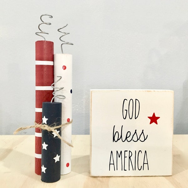 Wooden firecrackers, 4th of July decor, wood sign, Memorial day, Tiered tray decor, Faux firecrackers, Stars, Summer, Patriotic