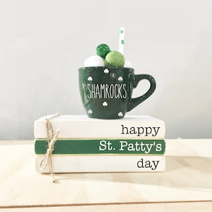 St. Patrick's day decor, Tiered tray decor,  Shamrock mini mug, mini book bundle, book stack,  farmhouse,  wooden books, shelf sitter