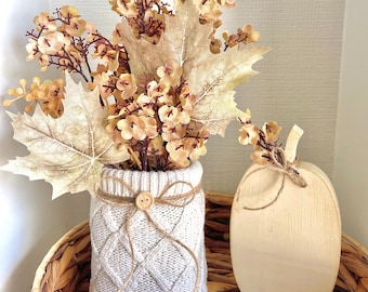 Fall decor sweater vase floral arrangement for tier tray decor, Cream sweater vase and white pumpkin for mantle decor and centerpiece