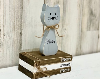 Wooden book stack and personalized cat for home decor tiered tray, Housewarming gift