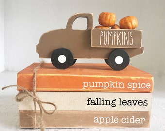 Fall decor, Pumpkin truck, Mini book bundle, Book stack, Wooden truck, Faux books, books, Tiered tray decor, Farmhouse truck, Pumpkins