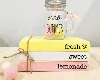 Summer lemon decor, Mini book stack, Tiered tray, Lemonade, Farm fresh lemons, Faux books, Sweet summer mug, Pink lemonade