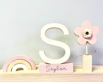 Personalized Wooden Nursery Decor: Name Block, Letter, Flower, Rainbow