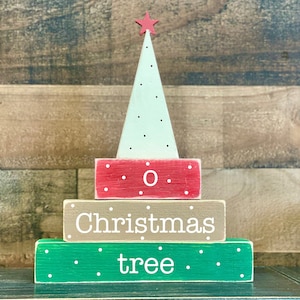 Christmas block set, Christmas decor, Wooden tree, O Christmas tree blocks, Tiered tray. Red and green