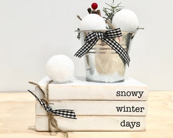 Winter Tiered Tray Decor: Snowball Bucket & Mini Book Stack