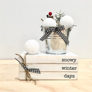 Winter tiered tray, Snowball bucket, Mini book stack, Christmas decor, hot cocoa bar, Faux snowballs