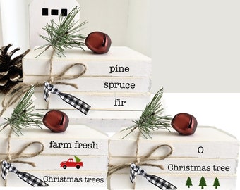 Christmas tree book bundle, mini book stack, farm fresh, Christmas, farmhouse, faux books, red truck, teacher gift, housewarming, wooden