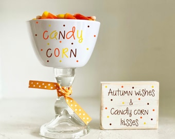 Candy corn bowl, Fall decor, Autumn centerpiece, Wood sign, Autumn wishes, Candy corn kisses, Tiered tray, Halloween bowl, Party decor