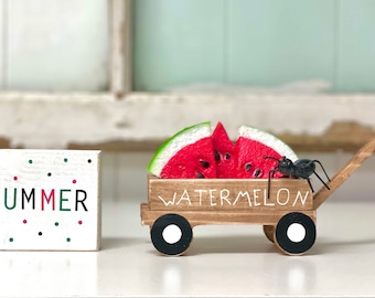 Wooden wagon with watermelon and ant, Summer tiered tray decor and sign