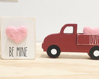 Valentine's day decor, red truck, tiered tray decor, heart sign, Felted wool heart, Wooden truck, Farmhouse, Tiered tray sign, Old truck