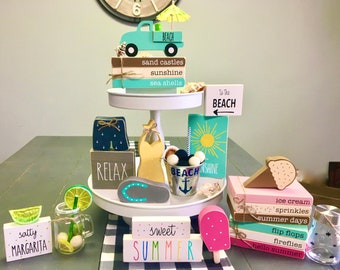 Summer bundle, Tiered tray decor, Margarita, Beach truck, Wooden book stack, Flip flop, Relax sign, Summer blocks, Ice cream cone, Popsicle