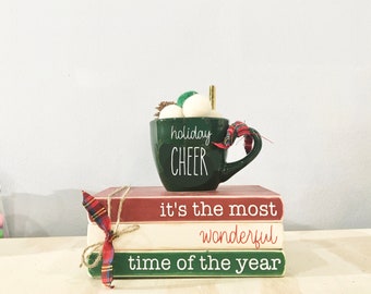 Holiday tiered tray, Christmas books, Green mug, It's the most wonderful time of the year