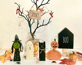 Halloween decor, Tiered tray decor, Witch, Ghost, Cat, Pumpkin, Mantle, Trick or treat, Wooden house, Boo, Kids Halloween decor, Statues