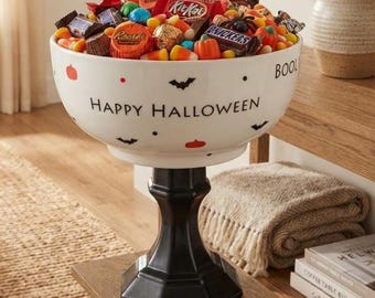 Ceramic Halloween Candy Bowl Pedestal, Happy Halloween Serving Dish Spooky Party Decor
