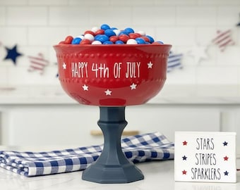 4th of July candy bowl/ Patriotic “Happy 4th of July” Candy Bowl | Red White Blue Pedestal Bowl Tiered tray decor
