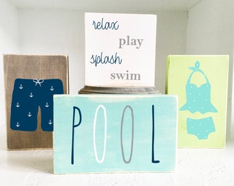 Pool sign bundle, Swim, Wooden signs, Tiered tray signs, Bathing suit sign, Summer decor, Tiered tray decor, Kitchen decor, Swim trunks