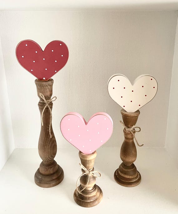 Valentines day decor centerpiece, Wood polka dot  hearts for book shelf, mantle and tiered tray, Seasonal home decor