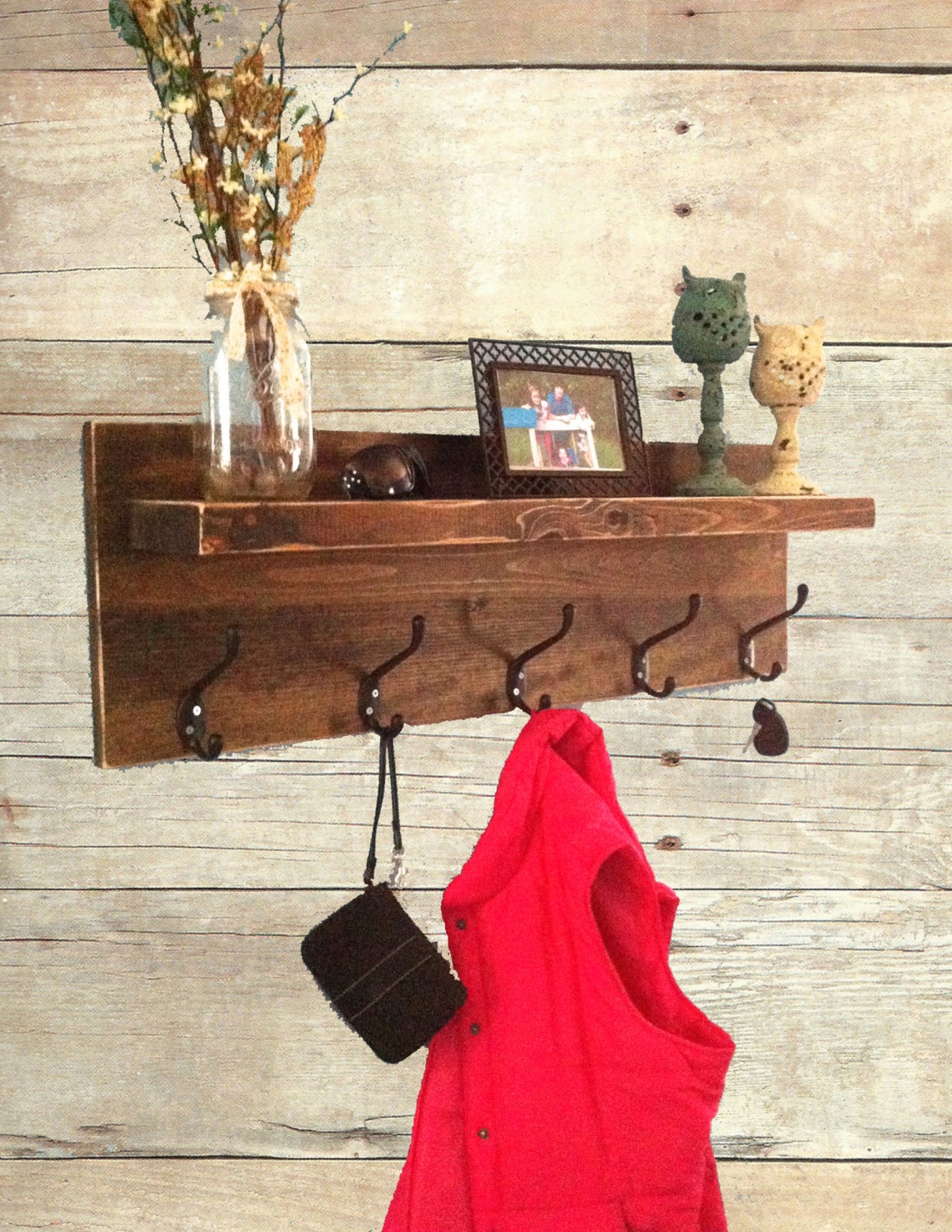 Rustic Entryway Shelf With Hooks Coat Rack With Hooks Key Etsy