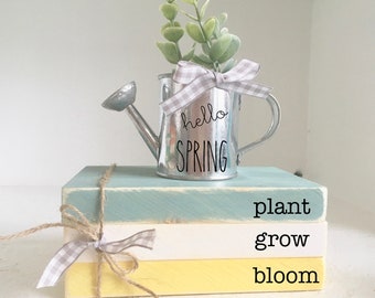 Wooden books, Spring decor, Mini book stack, Easter decor, Farmhouse decor, Faux books, Tiered tray decor, kitchen decor, Watering can