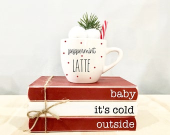 Tiered tray books, Peppermint latte, Mini book stack, Hostess gift, Christmas decor, hot cocoa bar, Faux latte mug