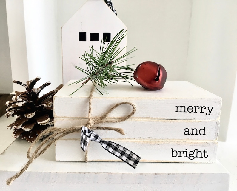 Christmas book bundle, mini book stack, Christmas decor, farmhouse, faux books, set of 3, rustic, teacher gift, housewarming, wooden books merry and bright