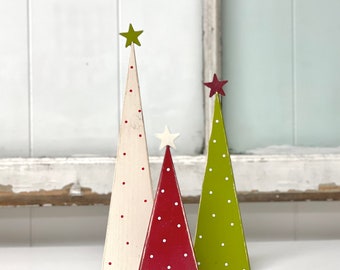 Polka dot Christmas trees, Wooden trees, Set of 3, Christmas decor