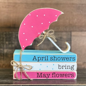Handmade Wood Umbrella & Book Stack: Spring Tiered Tray Decor
