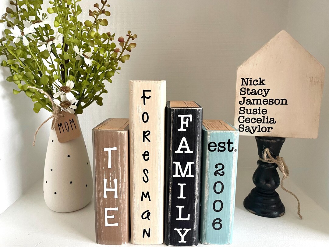 Personalized Family Name Book Stack Decor | Rustic Farmhouse Shelf ...