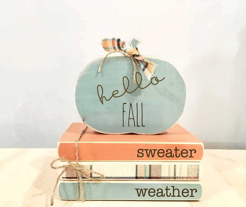 Fall Tiered Tray Decor: Wooden Book Stack & Pumpkin