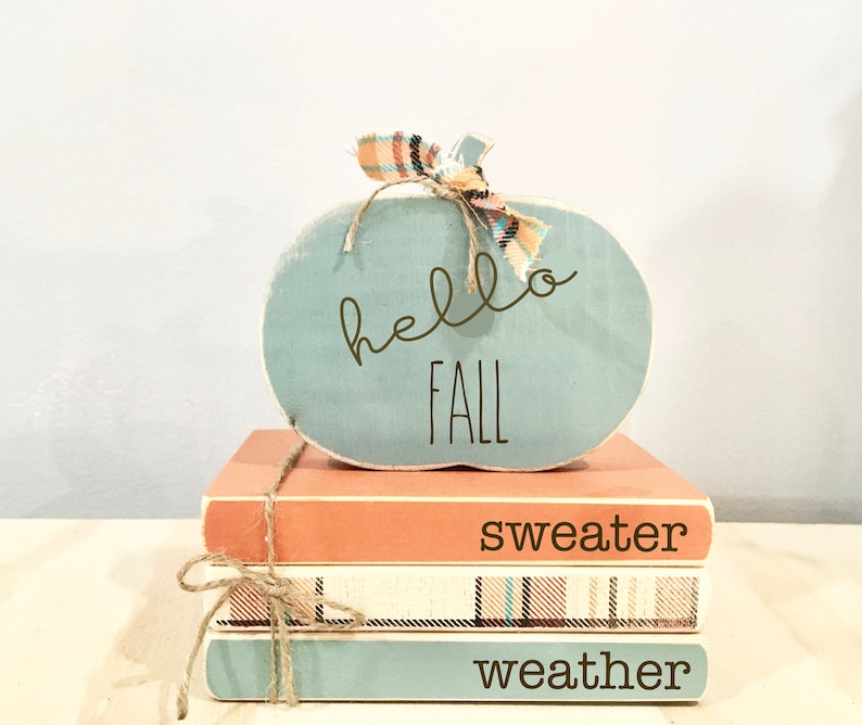 Fall tiered tray,  Fall decor, Sweater weather, Wooden books, Plaid, book bundle, Book stack, Wooden pumpkin, Tiered tray decor, Hello fall 