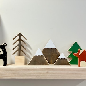 Woodland nursery decor, Wooden bear, Fox, Mountains, Wood trees,  Modern nursery, Baby shower gift, Wooden animals for nursery, Boy room